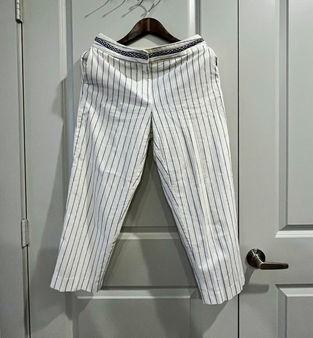 Talbots White/Blue Striped Straight Leg Stretch Pants Pockets 8R 25" Inseam 0006